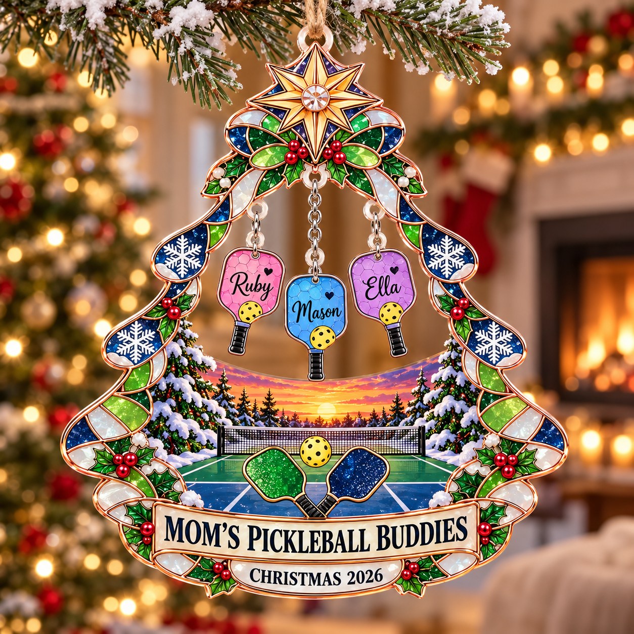 Stained-glass acrylic Christmas ornament with "MOM'S PICKLEBALL BUDDIES" and personalised name charms