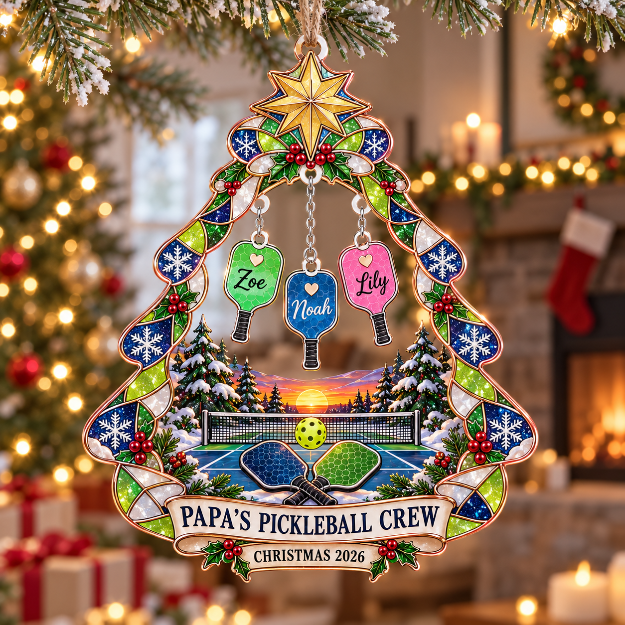 Stained-glass acrylic Christmas ornament with "PAPA'S PICKLEBALL CREW" and personalised name charms