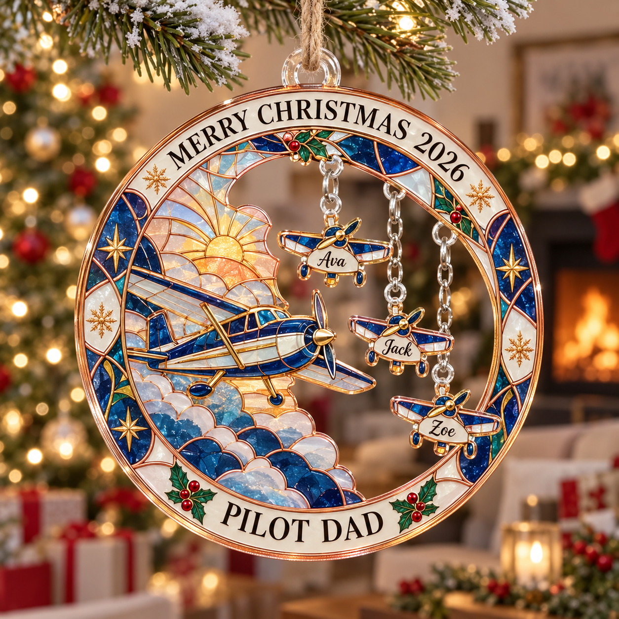 Stained-glass acrylic Christmas ornament with "PILOT DAD" and personalised name charms