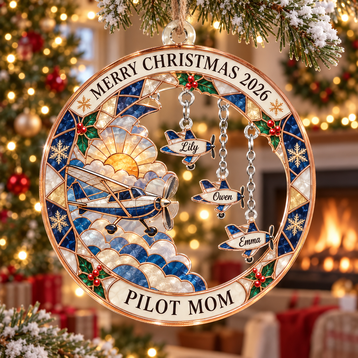 Stained-glass acrylic Christmas ornament with "PILOT MOM" and personalised name charms