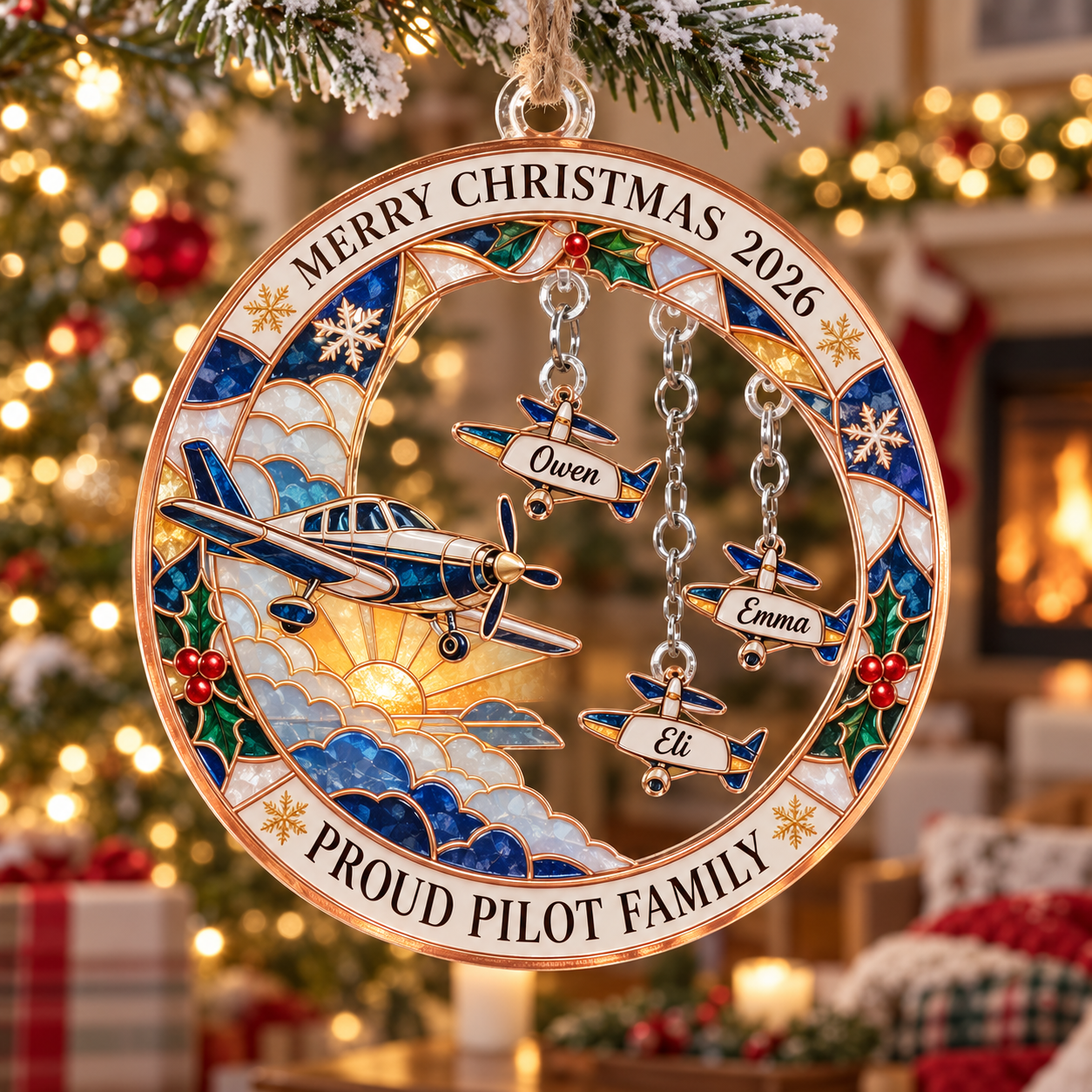 Stained-glass acrylic Christmas ornament with "PROUD PILOT FAMILY" and personalised name charms