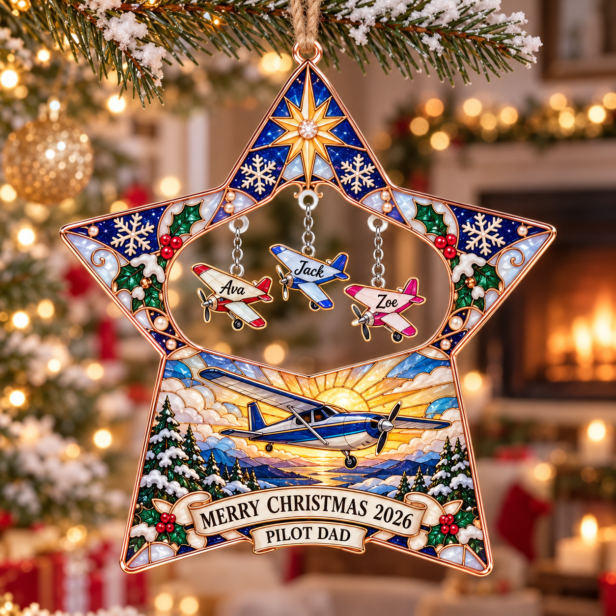 Stained-glass acrylic Christmas ornament with "PILOT DAD" and personalised name charms