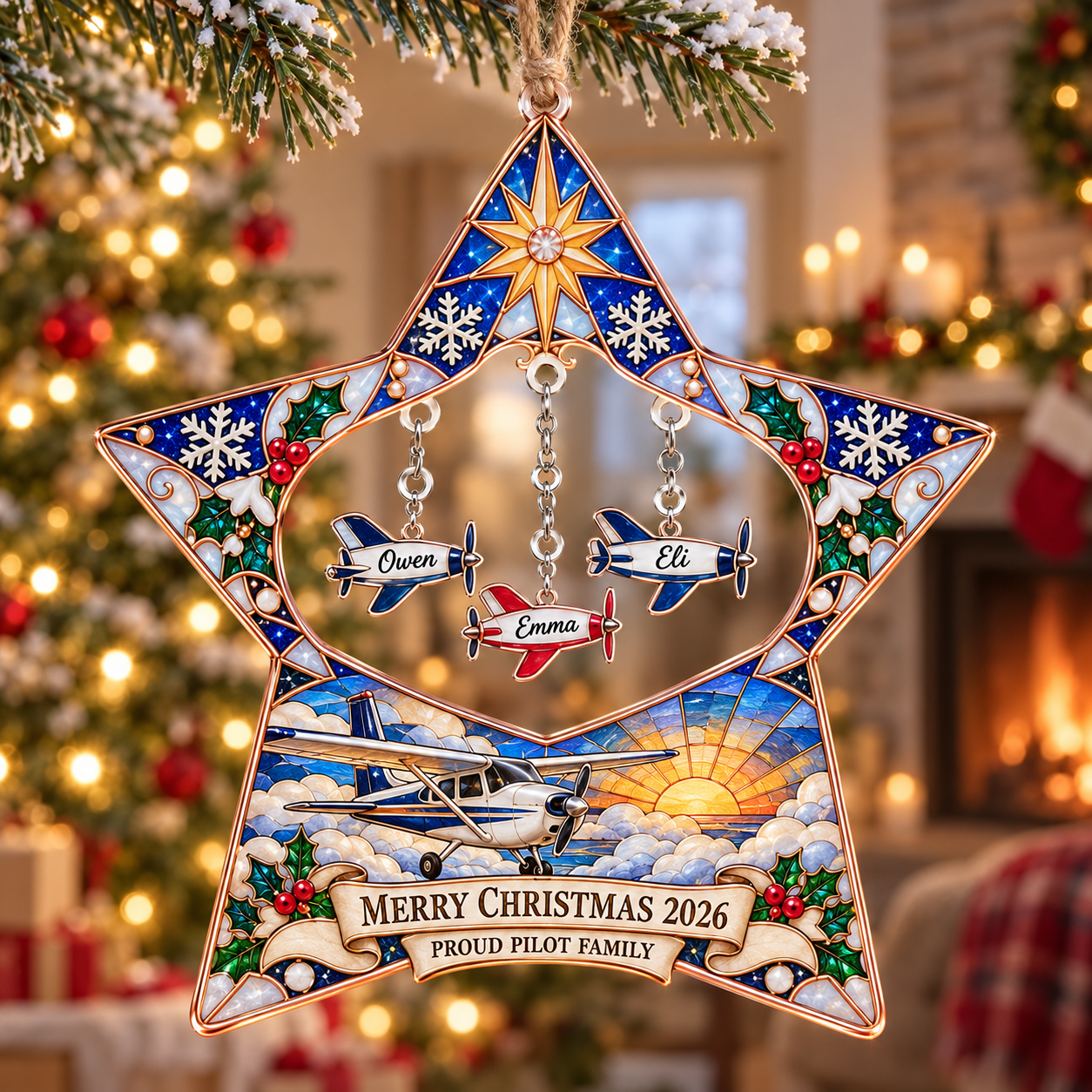 Stained-glass acrylic Christmas ornament with "PROUD PILOT FAMILY" and personalised name charms