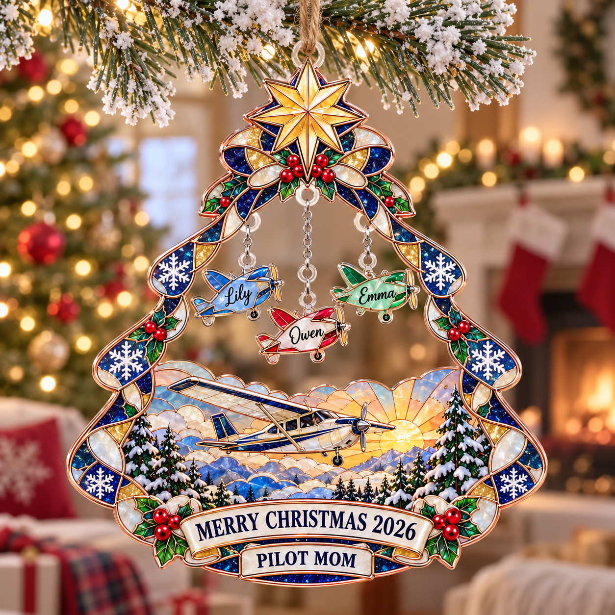 Stained-glass acrylic Christmas ornament with "PILOT MOM" and personalised name charms