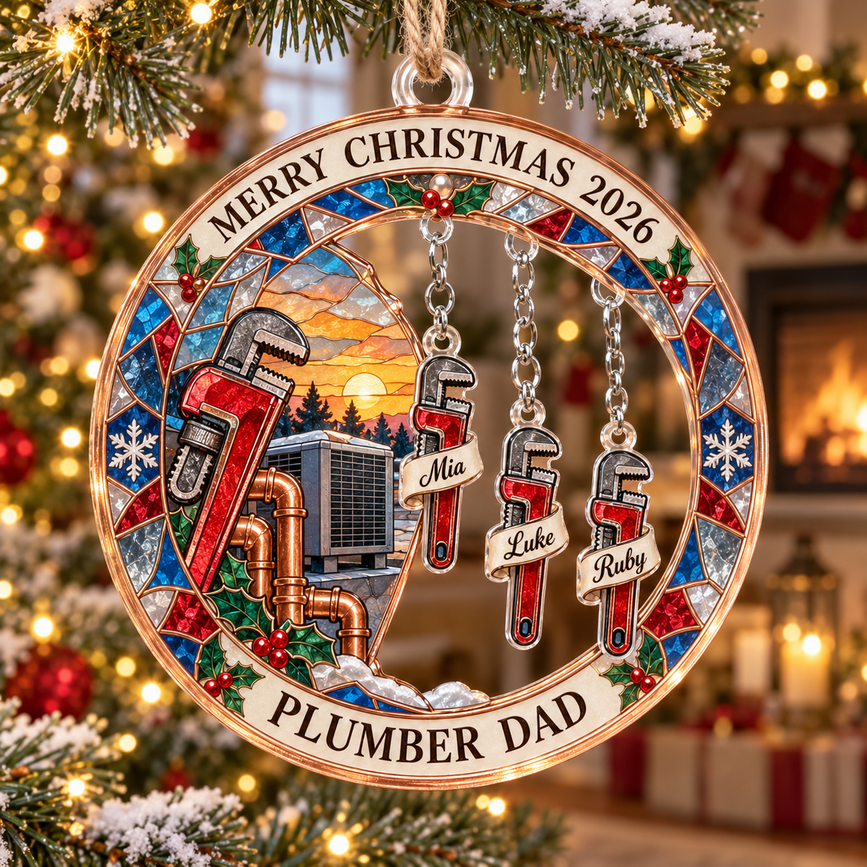 Stained-glass acrylic Christmas ornament with "PLUMBER DAD" and personalised name charms