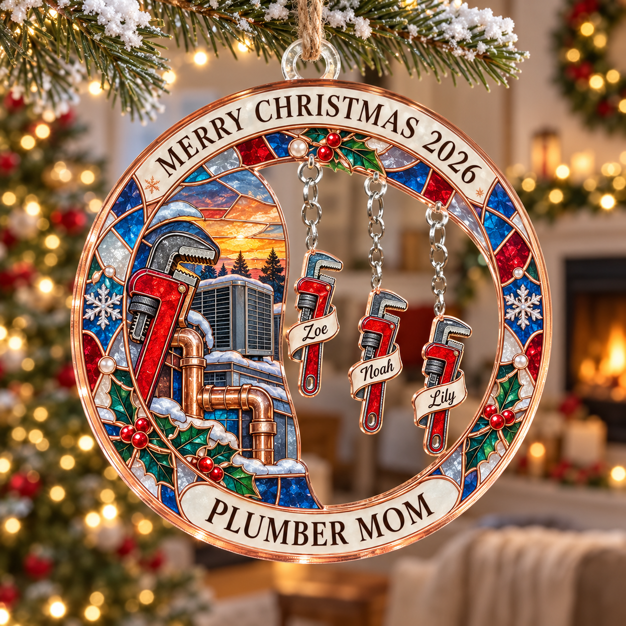 Stained-glass acrylic Christmas ornament with "PLUMBER MOM" and personalised name charms