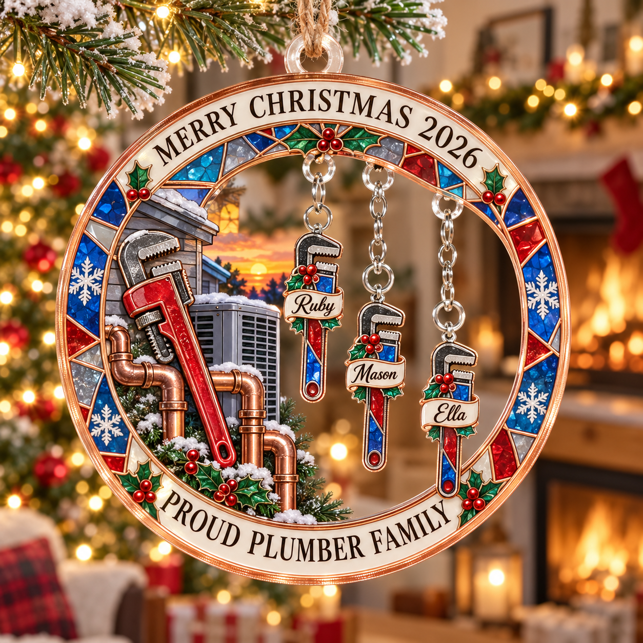 Stained-glass acrylic Christmas ornament with "PROUD PLUMBER FAMILY" and personalised name charms