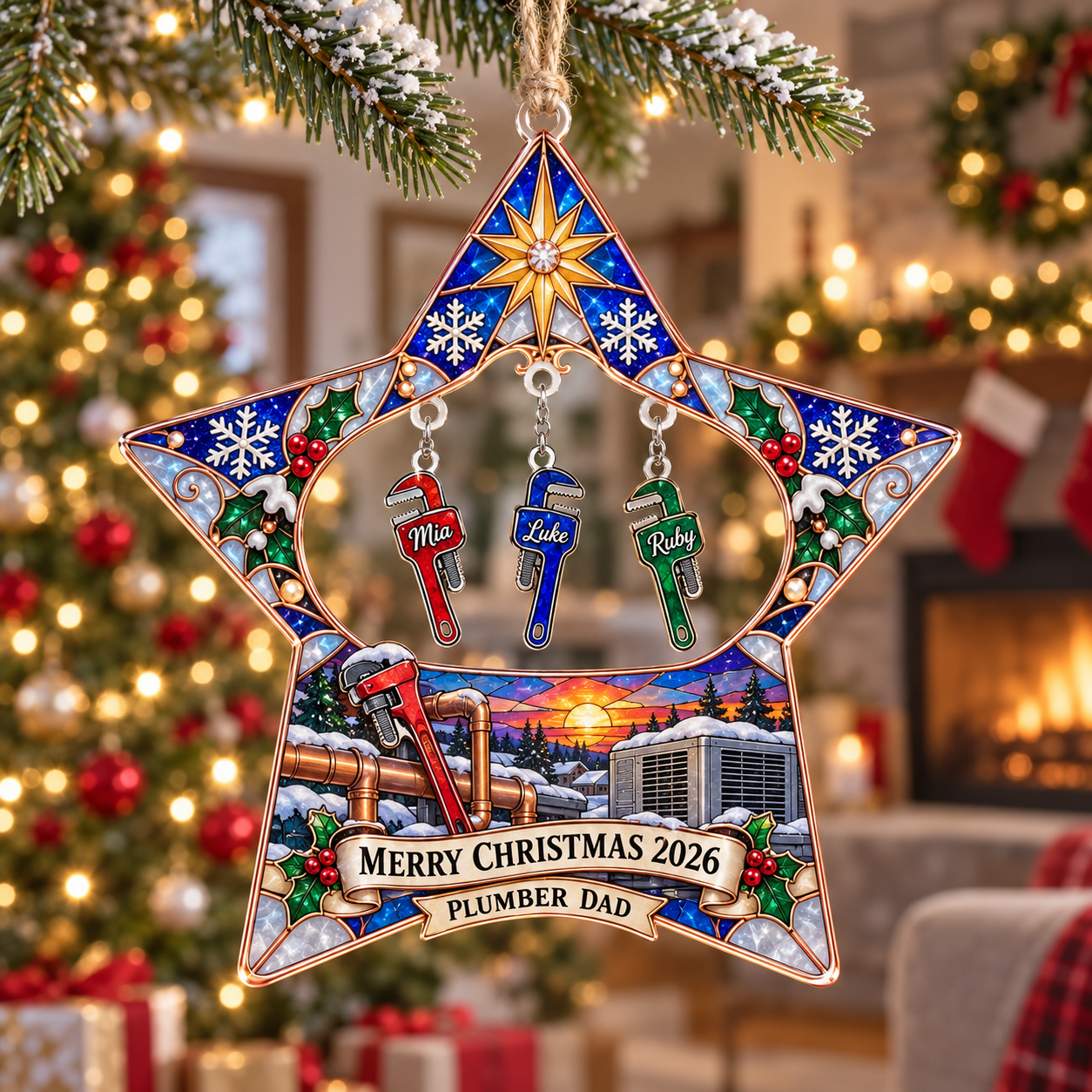 Stained-glass acrylic Christmas ornament with "PLUMBER DAD" and personalised name charms