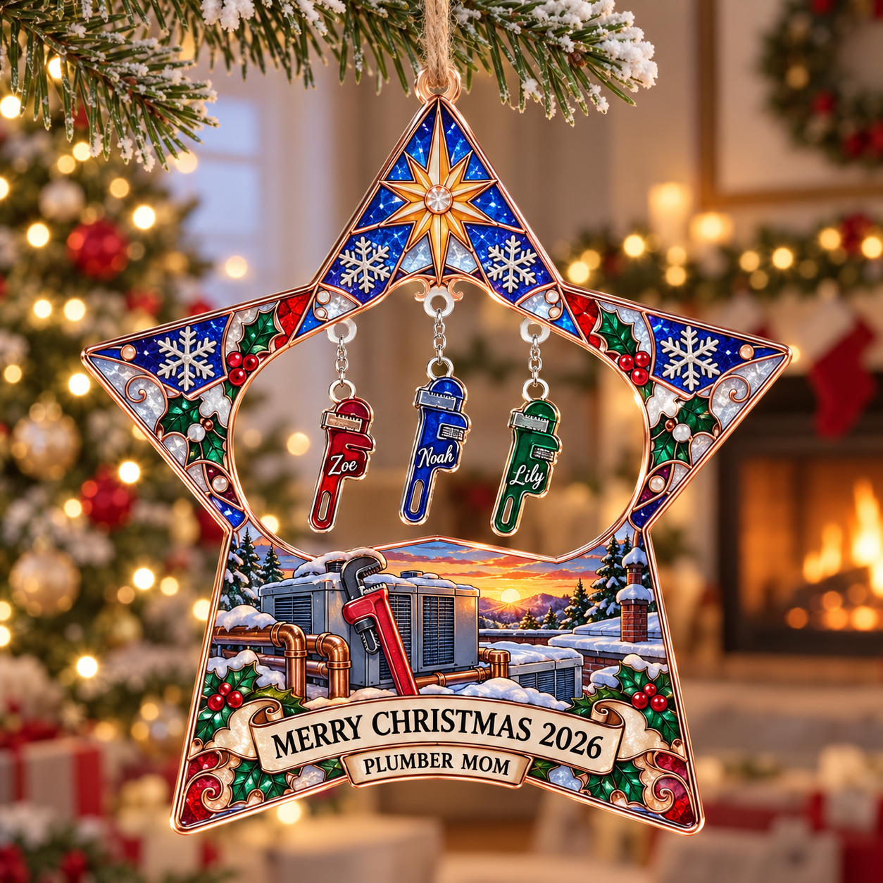 Stained-glass acrylic Christmas ornament with "PLUMBER MOM" and personalised name charms