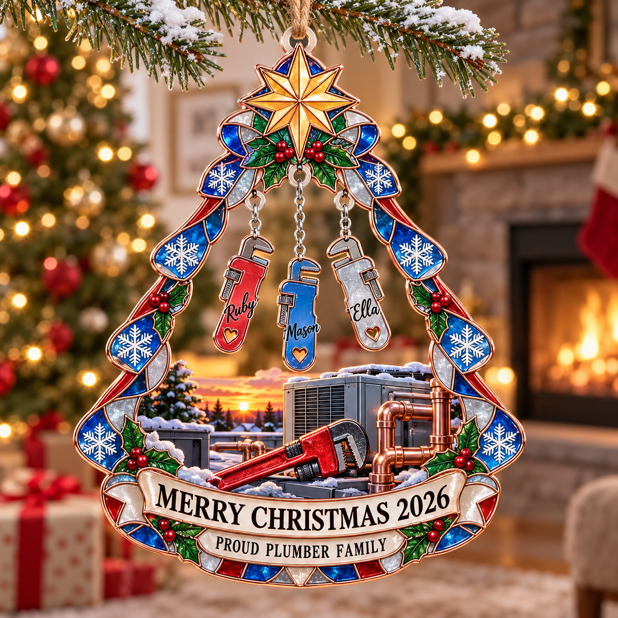 Stained-glass acrylic Christmas ornament with "PROUD PLUMBER FAMILY" and personalised name charms