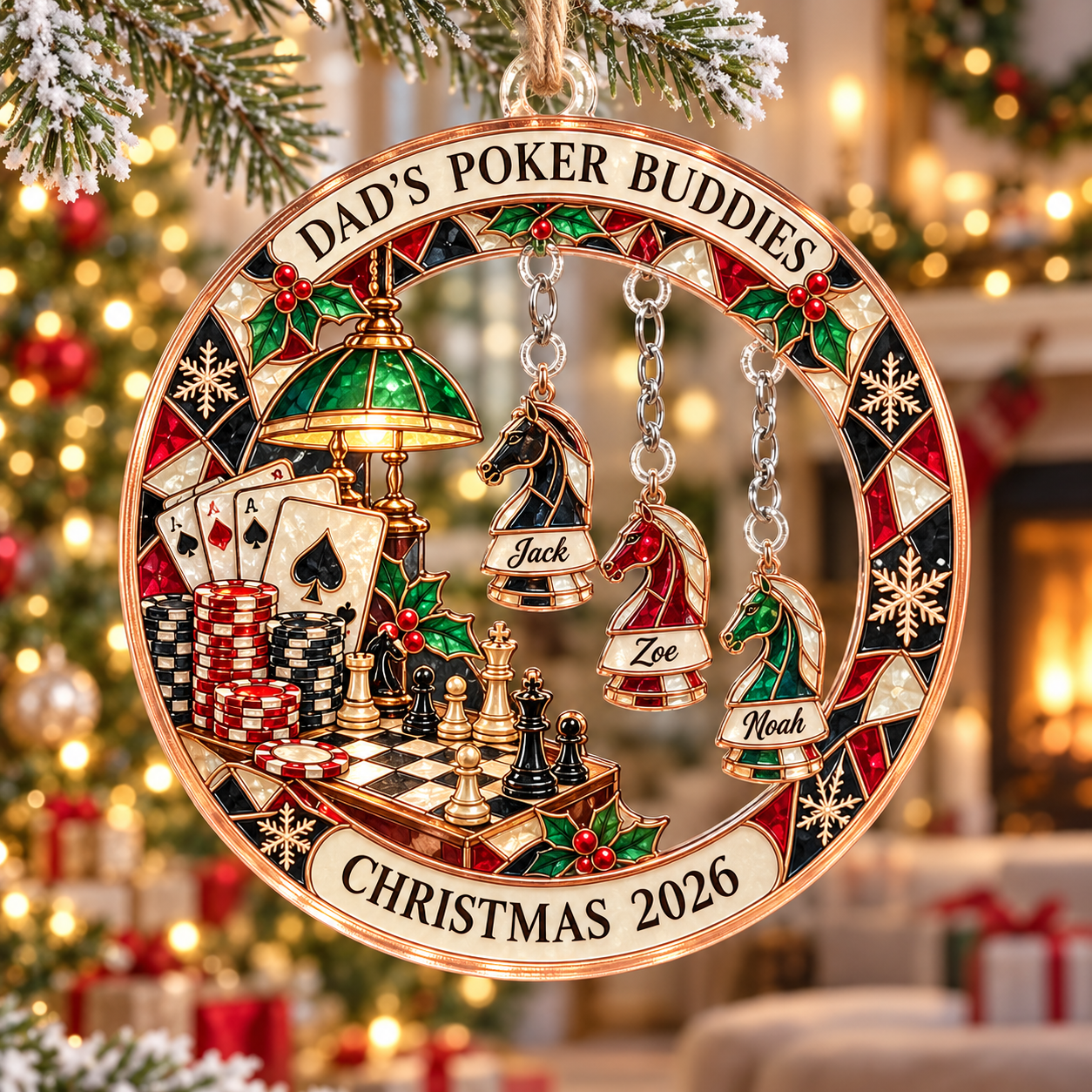 Stained-glass acrylic Christmas ornament with "DAD'S POKER BUDDIES" and personalised name charms