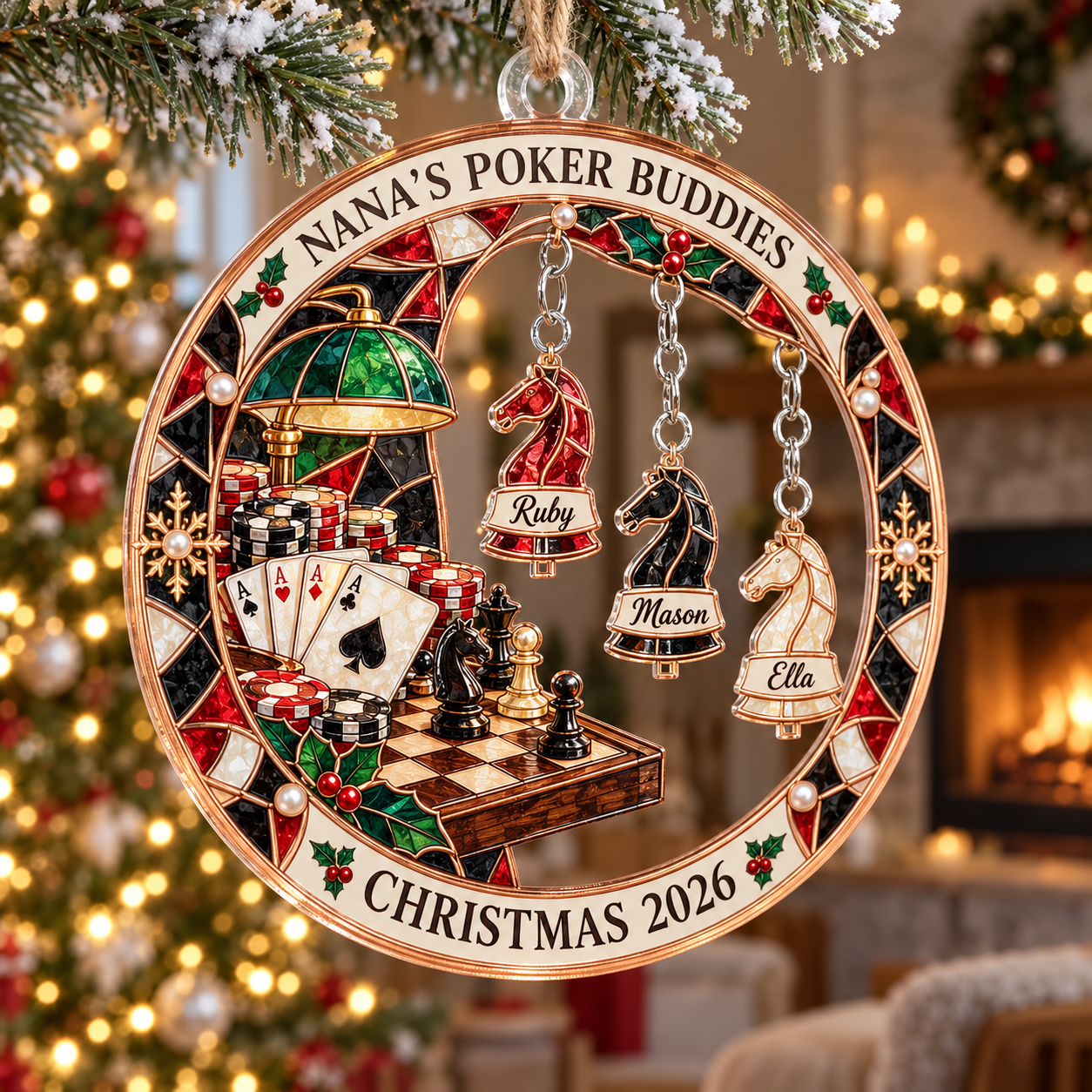 Stained-glass acrylic Christmas ornament with "NANA'S POKER BUDDIES" and personalised name charms