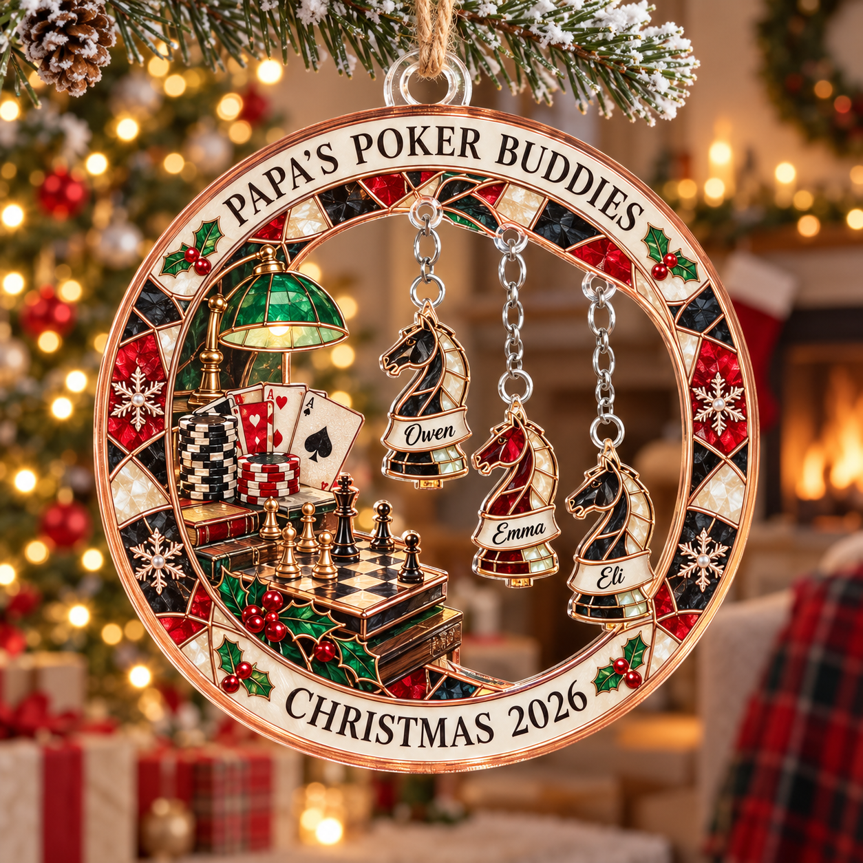 Stained-glass acrylic Christmas ornament with "PAPA'S POKER BUDDIES" and personalised name charms