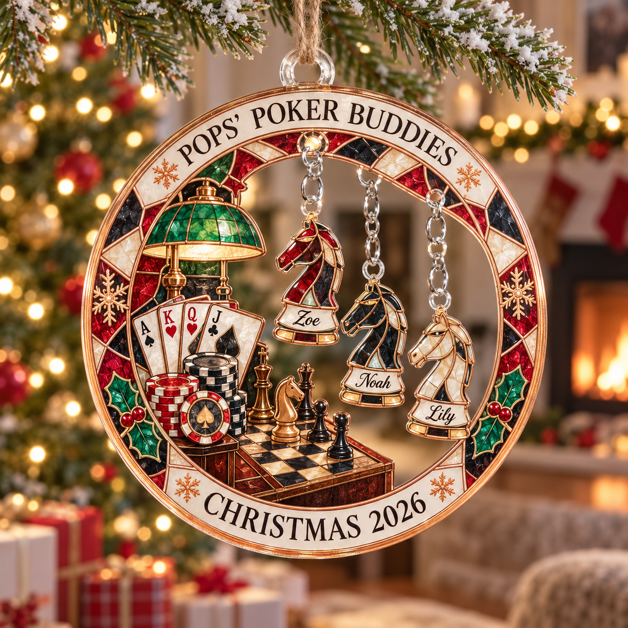 Stained-glass acrylic Christmas ornament with "POPS' POKER BUDDIES" and personalised name charms