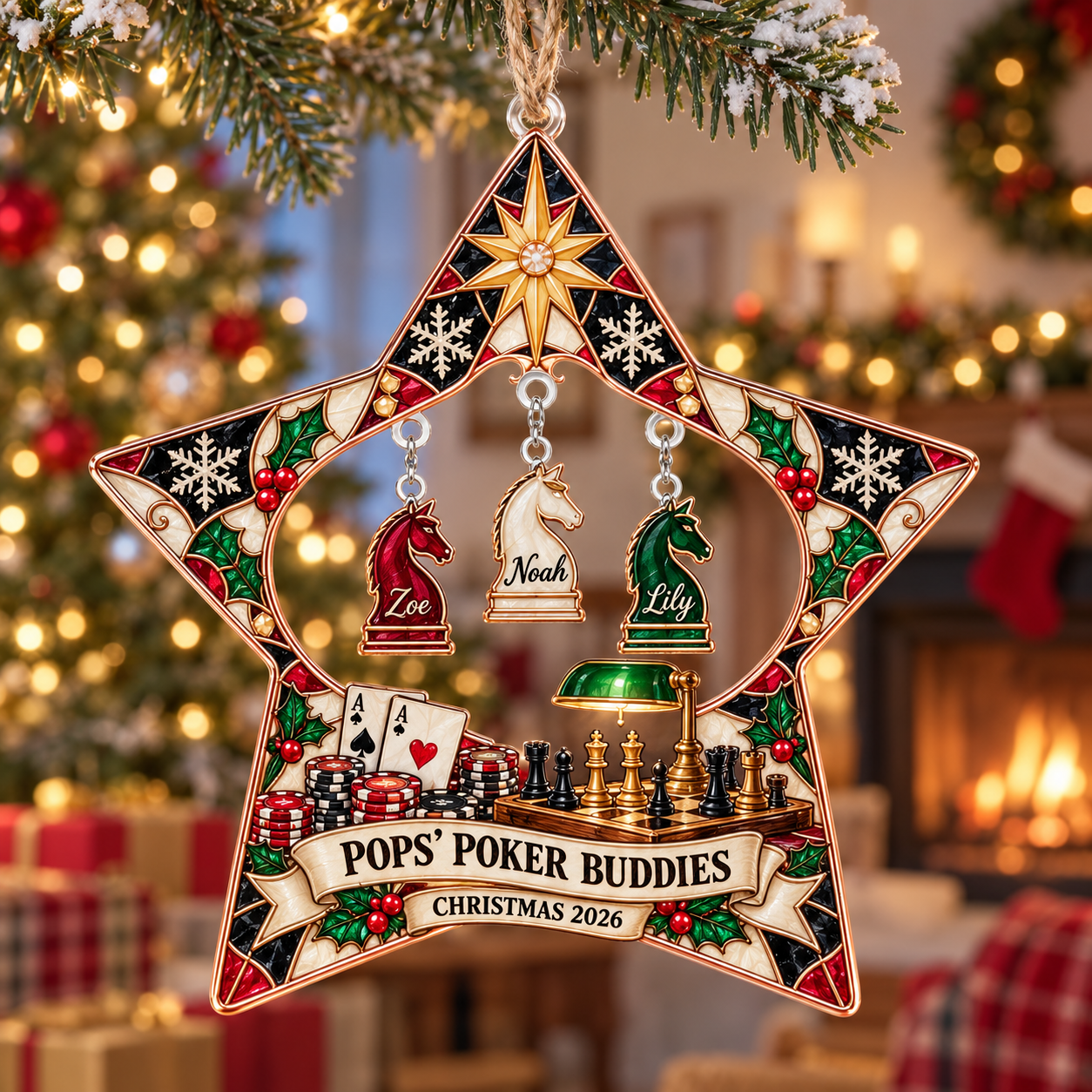 Stained-glass acrylic Christmas ornament with "POPS' POKER BUDDIES" and personalised name charms