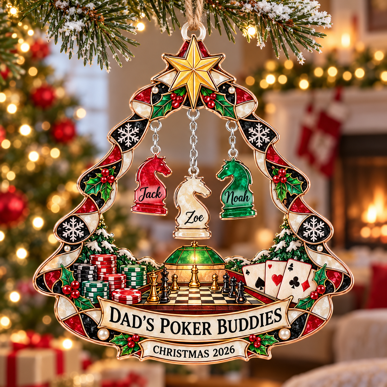 Stained-glass acrylic Christmas ornament with "DAD'S POKER BUDDIES" and personalised name charms