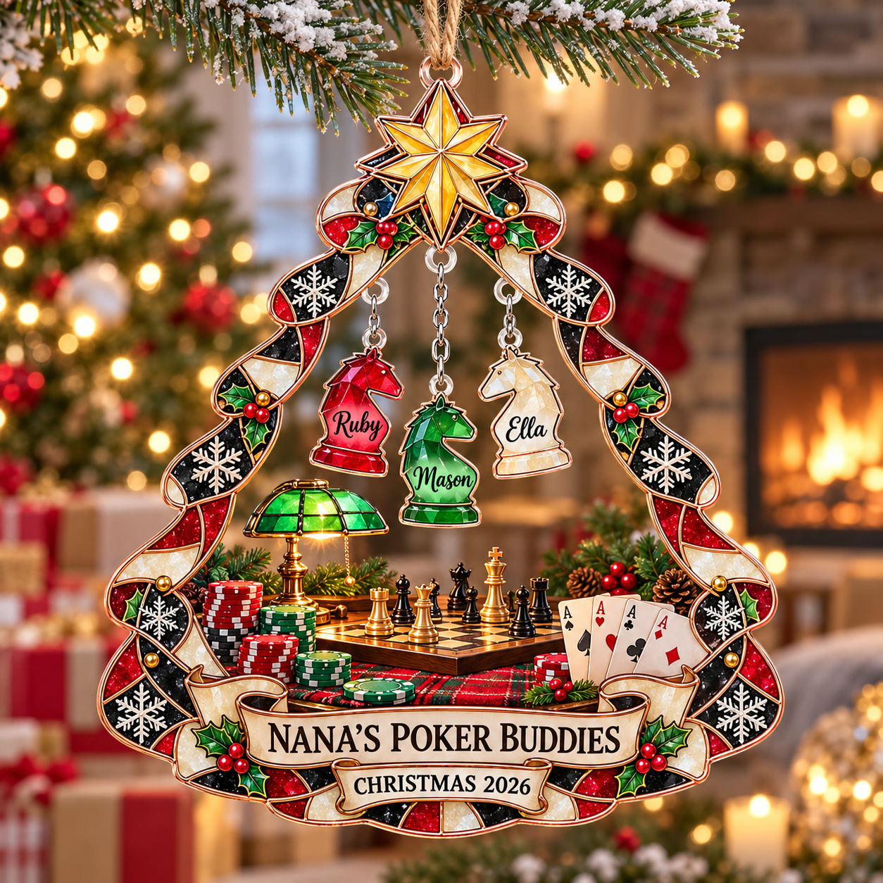 Stained-glass acrylic Christmas ornament with "NANA'S POKER BUDDIES" and personalised name charms
