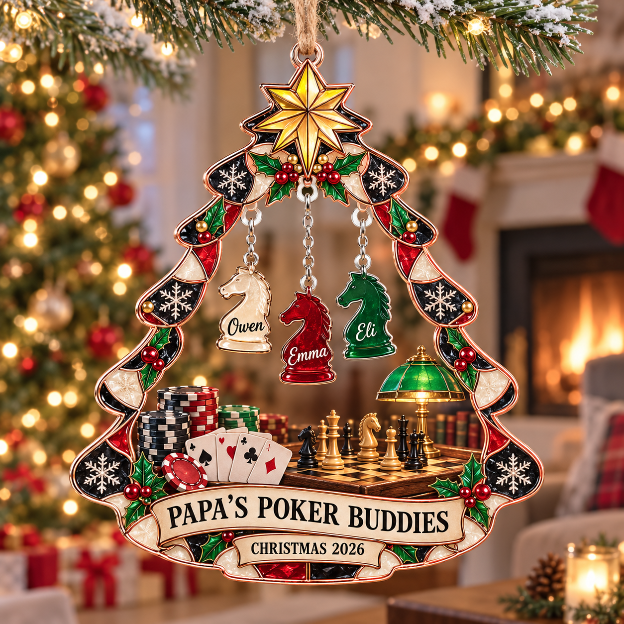 Stained-glass acrylic Christmas ornament with "PAPA'S POKER BUDDIES" and personalised name charms