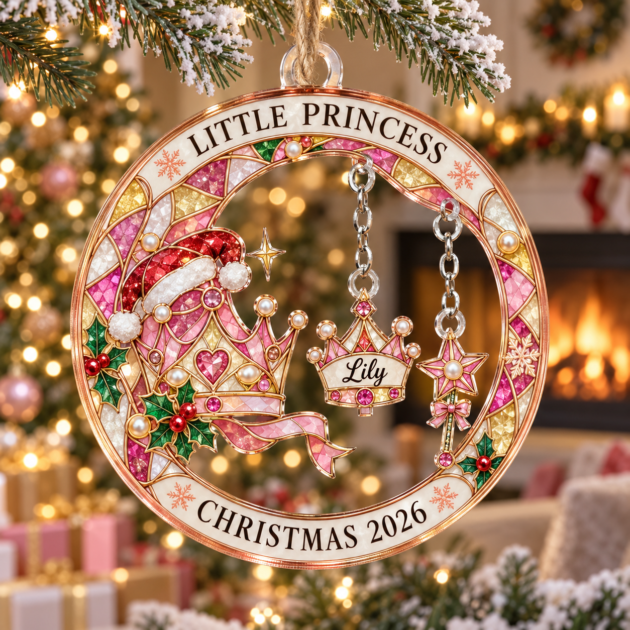 Stained-glass acrylic Christmas ornament with "LITTLE PRINCESS" and personalised name charms
