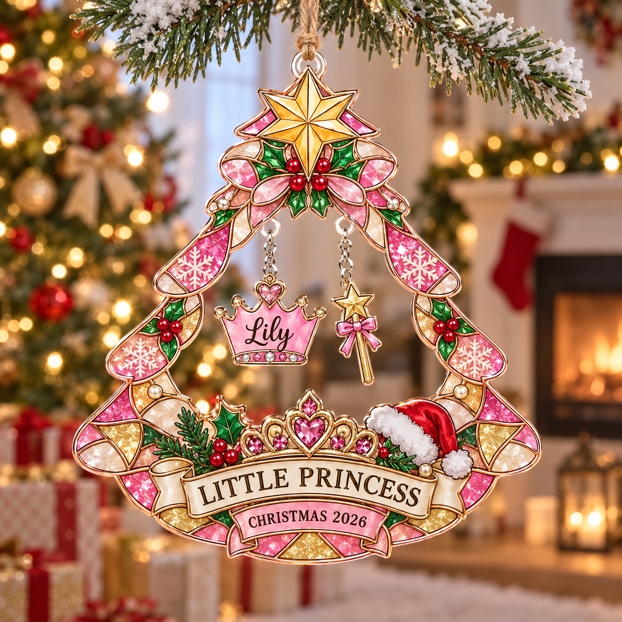 Stained-glass acrylic Christmas ornament with "LITTLE PRINCESS" and personalised name charms