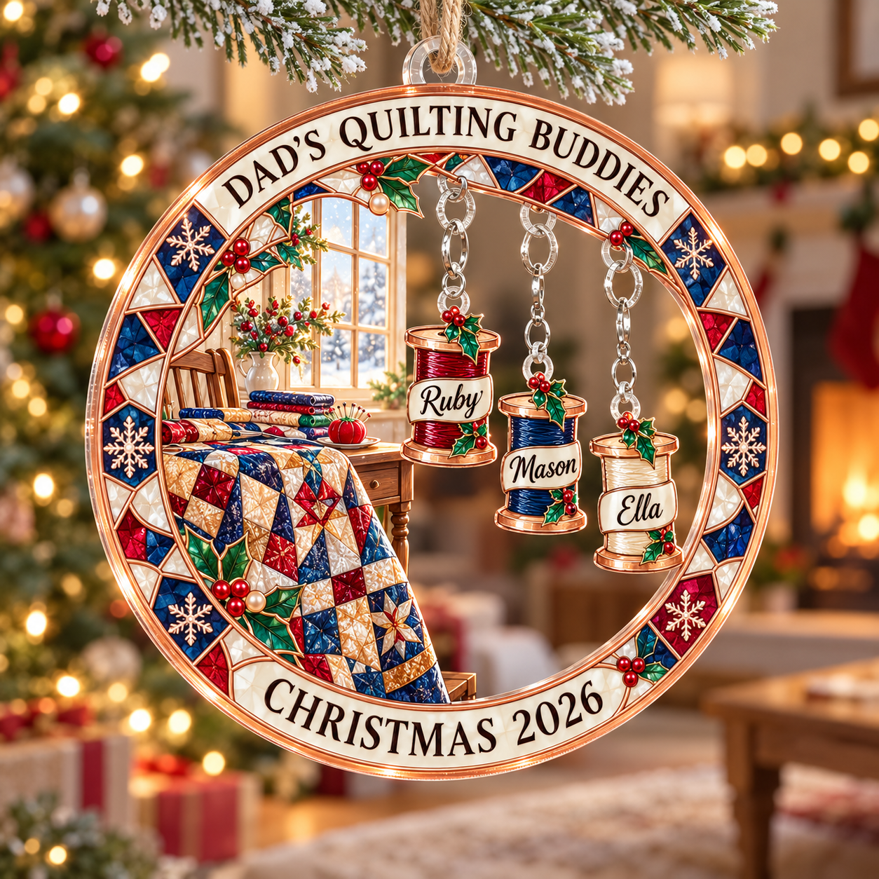 Stained-glass acrylic Christmas ornament with "DAD'S QUILTING BUDDIES" and personalised name charms