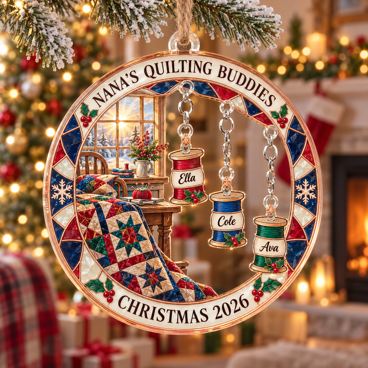 Stained-glass acrylic Christmas ornament with "NANA'S QUILTING BUDDIES" and personalised name charms