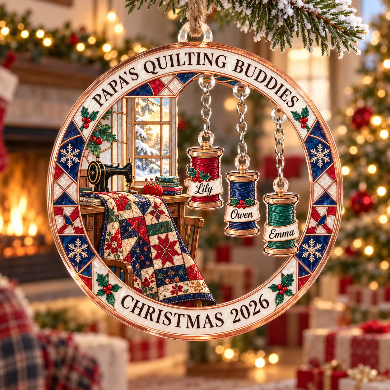 Stained-glass acrylic Christmas ornament with "PAPA'S QUILTING BUDDIES" and personalised name charms