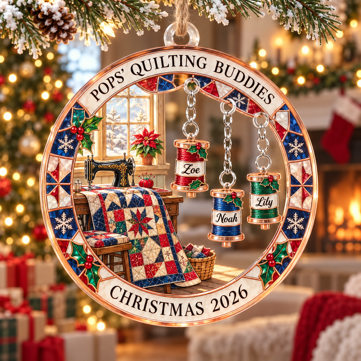 Stained-glass acrylic Christmas ornament with "POPS' QUILTING BUDDIES" and personalised name charms