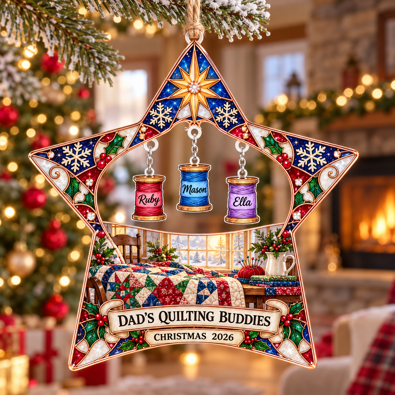 Stained-glass acrylic Christmas ornament with "DAD'S QUILTING BUDDIES" and personalised name charms
