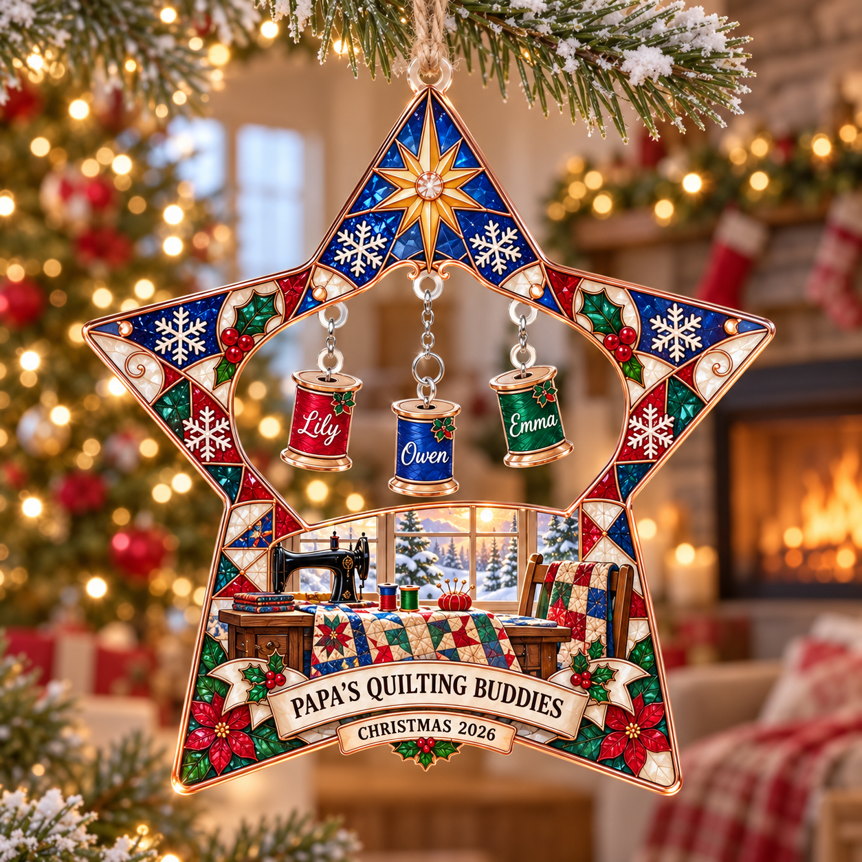 Stained-glass acrylic Christmas ornament with "PAPA'S QUILTING BUDDIES" and personalised name charms