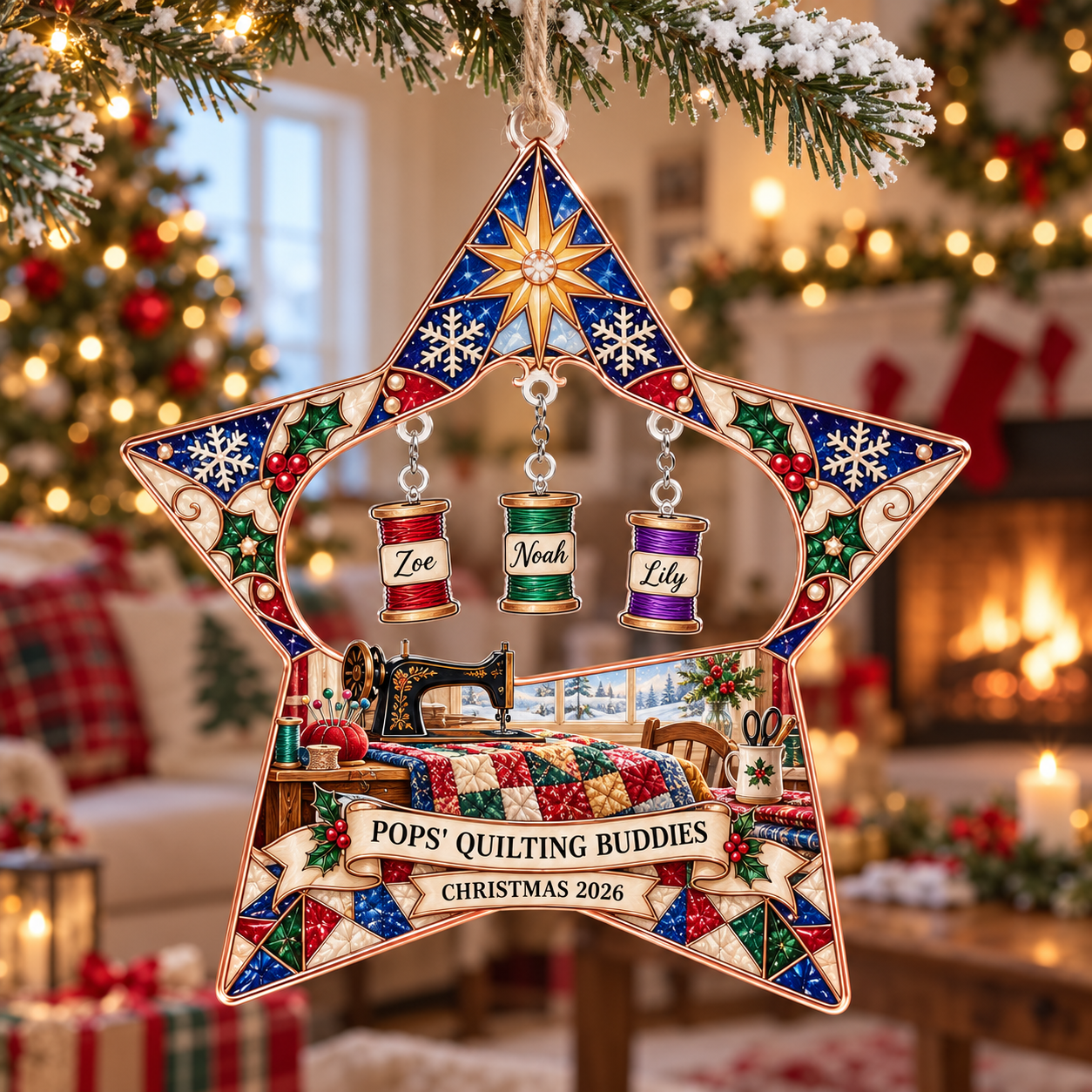 Stained-glass acrylic Christmas ornament with "POPS' QUILTING BUDDIES" and personalised name charms