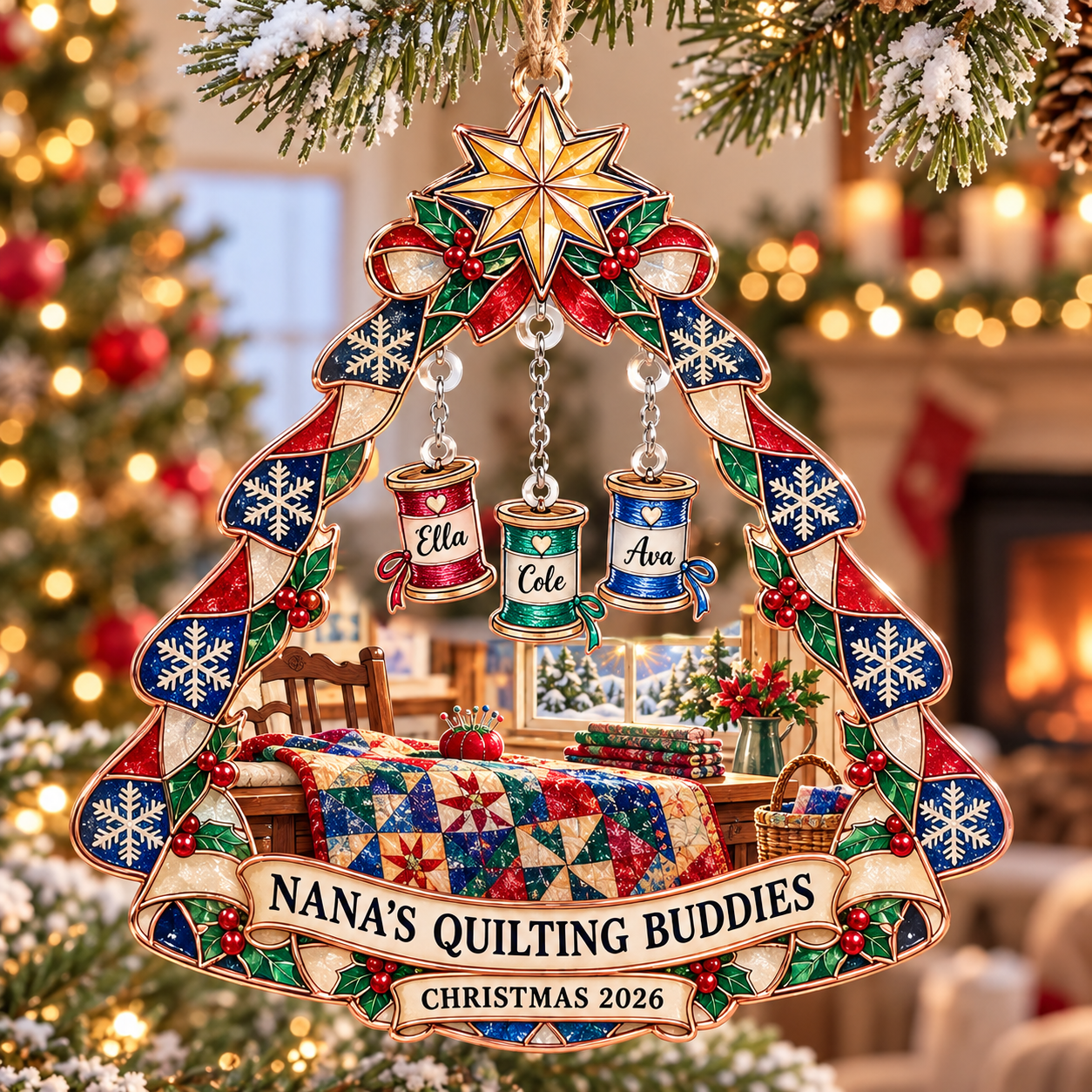 Stained-glass acrylic Christmas ornament with "NANA'S QUILTING BUDDIES" and personalised name charms