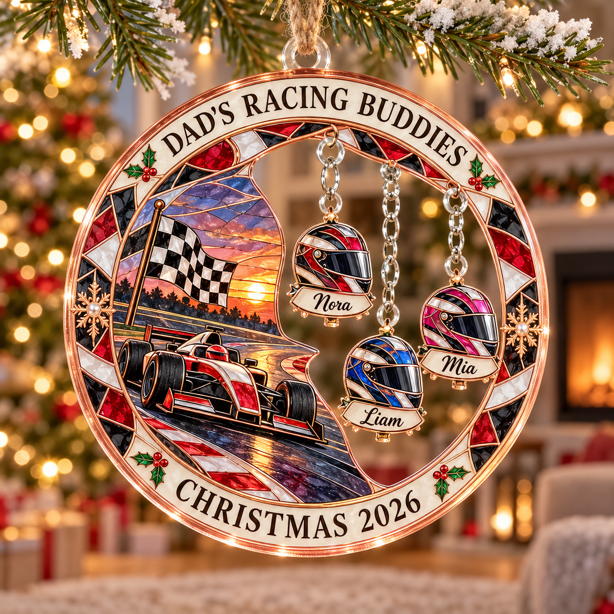 Stained-glass acrylic Christmas ornament with "DAD'S RACING BUDDIES" and personalised name charms