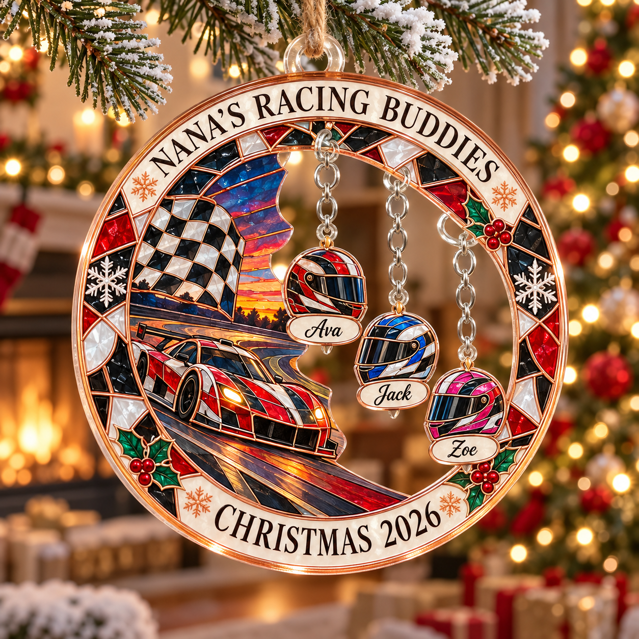 Stained-glass acrylic Christmas ornament with "NANA'S RACING BUDDIES" and personalised name charms