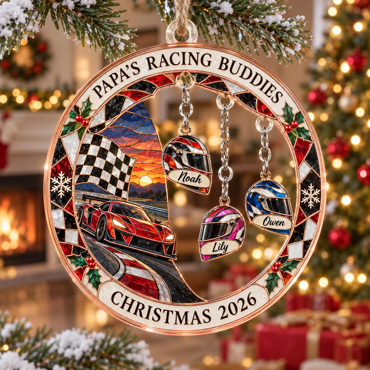 Stained-glass acrylic Christmas ornament with "PAPA'S RACING BUDDIES" and personalised name charms