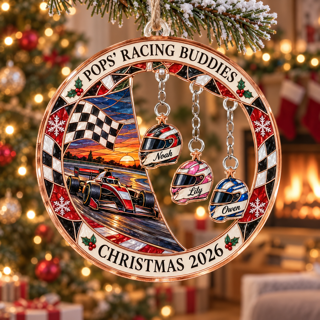 Stained-glass acrylic Christmas ornament with "POPS' RACING BUDDIES" and personalised name charms