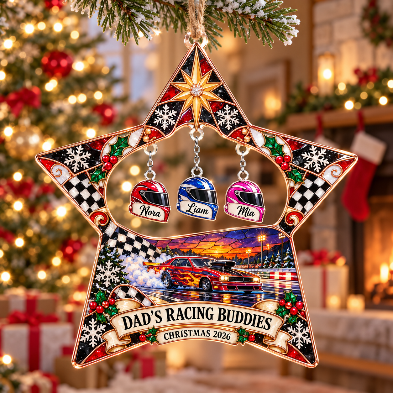 Stained-glass acrylic Christmas ornament with "DAD'S RACING BUDDIES" and personalised name charms