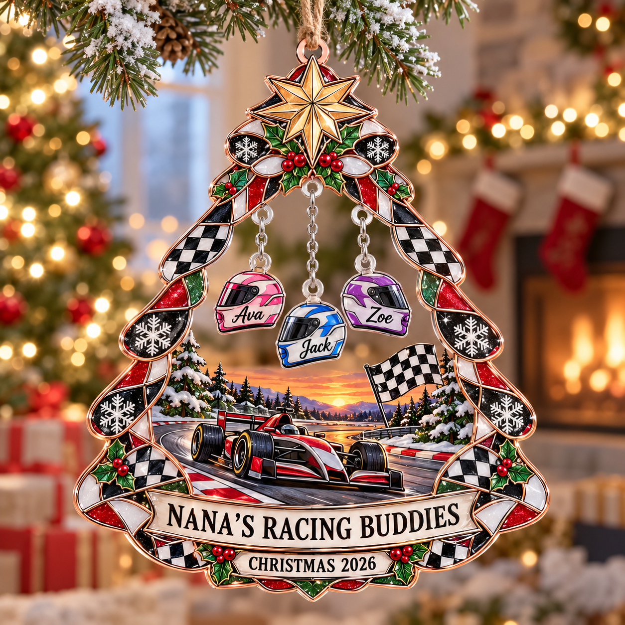 Stained-glass acrylic Christmas ornament with "NANA'S RACING BUDDIES" and personalised name charms