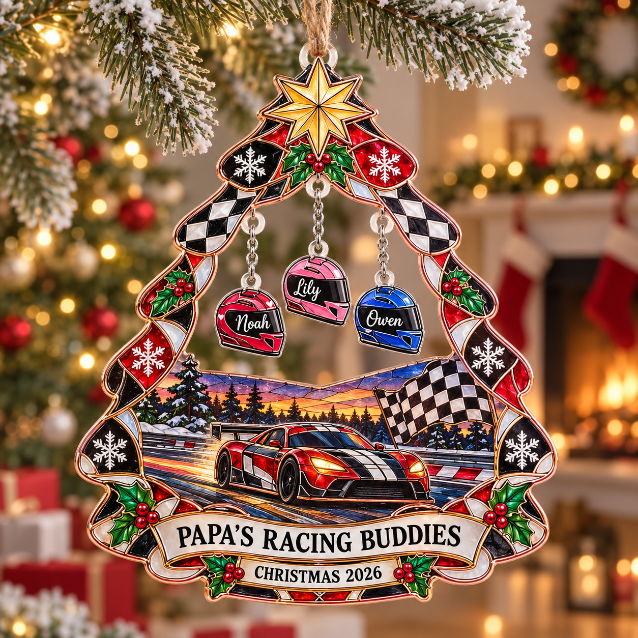Stained-glass acrylic Christmas ornament with "PAPA'S RACING BUDDIES" and personalised name charms