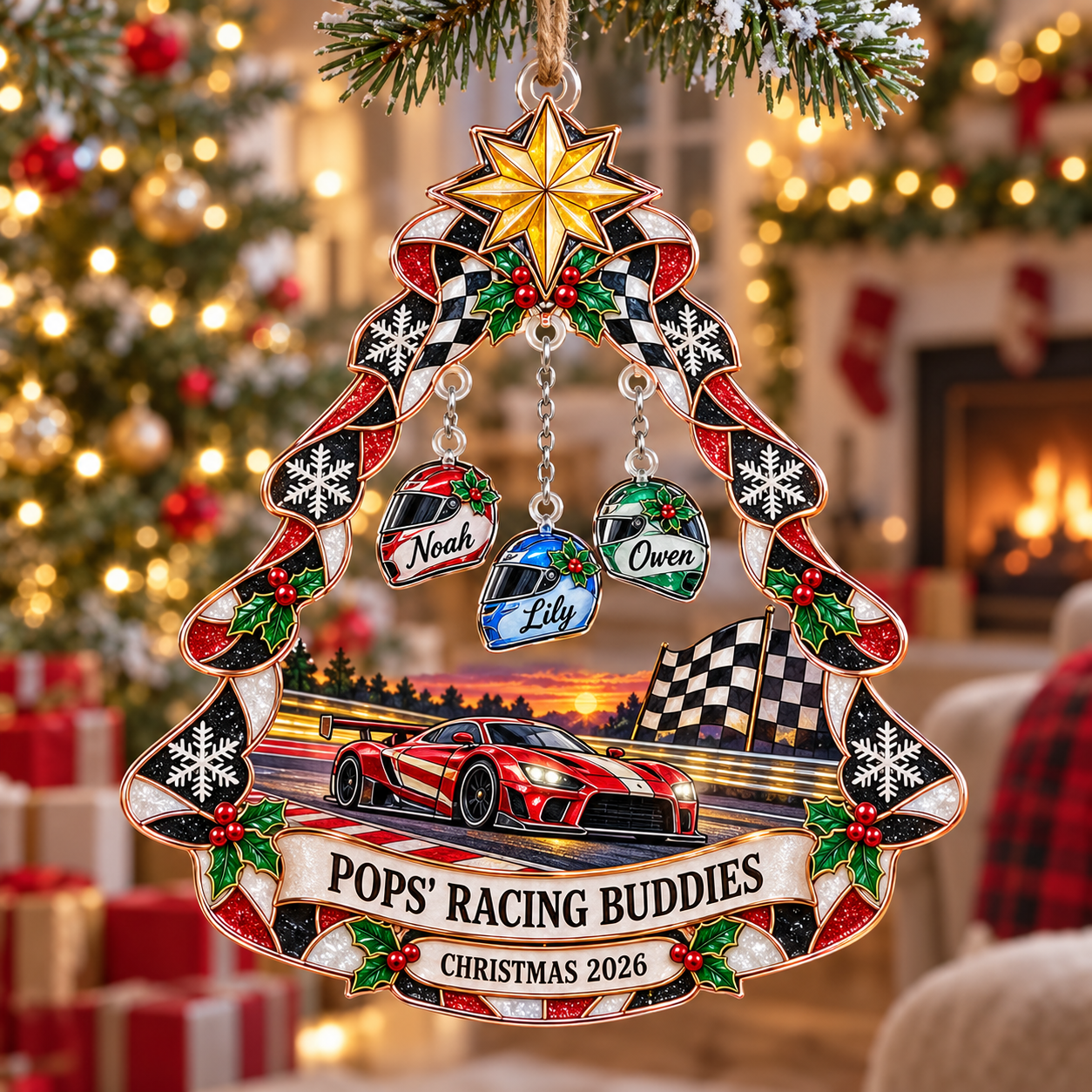 Stained-glass acrylic Christmas ornament with "POPS' RACING BUDDIES" and personalised name charms