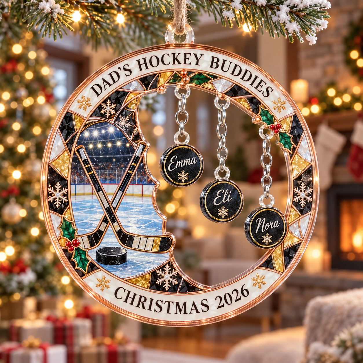 Stained-glass acrylic Christmas ornament with "DAD'S HOCKEY BUDDIES" and personalised name charms