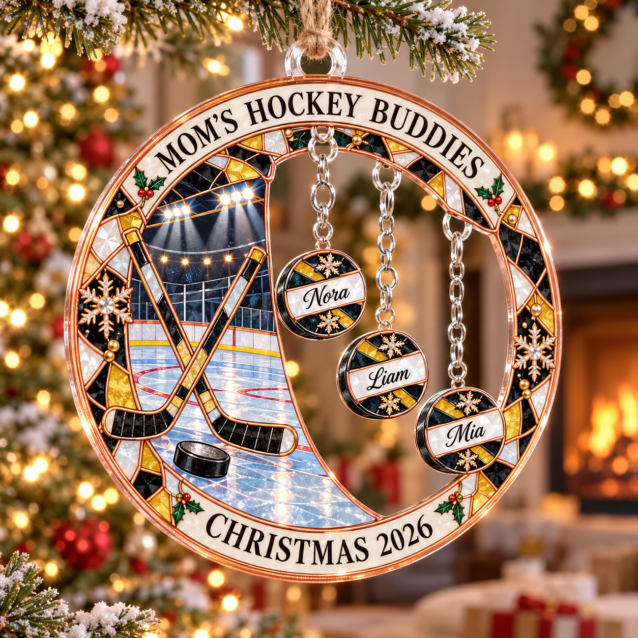 Stained-glass acrylic Christmas ornament with "MOM'S HOCKEY BUDDIES" and personalised name charms