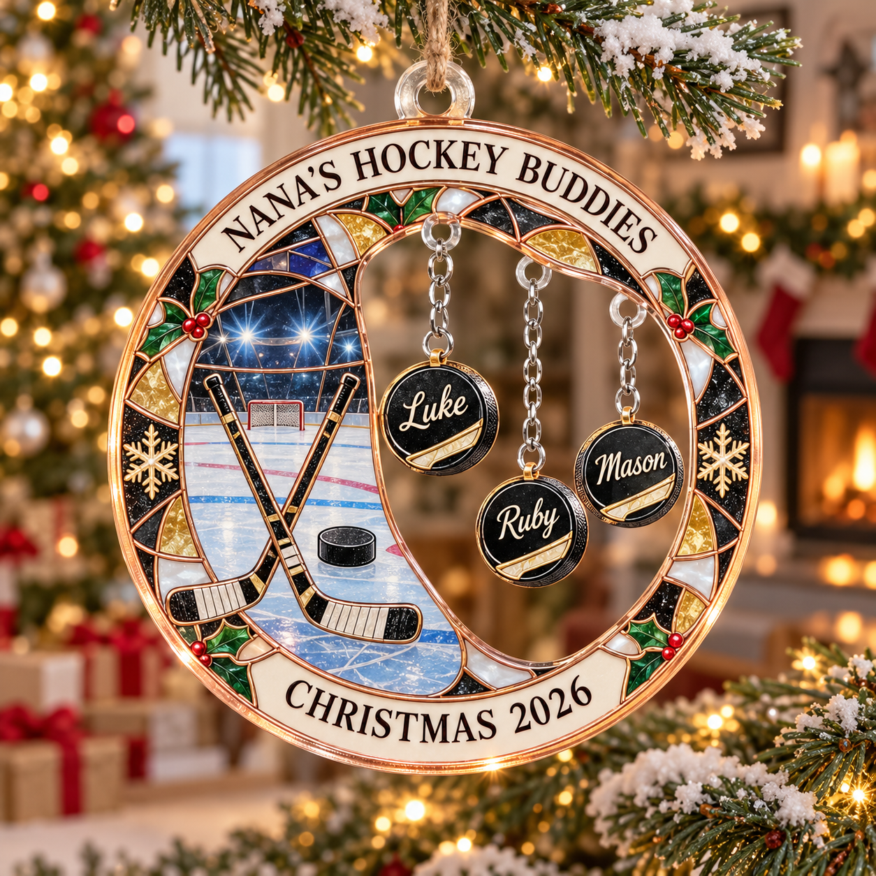Stained-glass acrylic Christmas ornament with "NANA'S HOCKEY BUDDIES" and personalised name charms