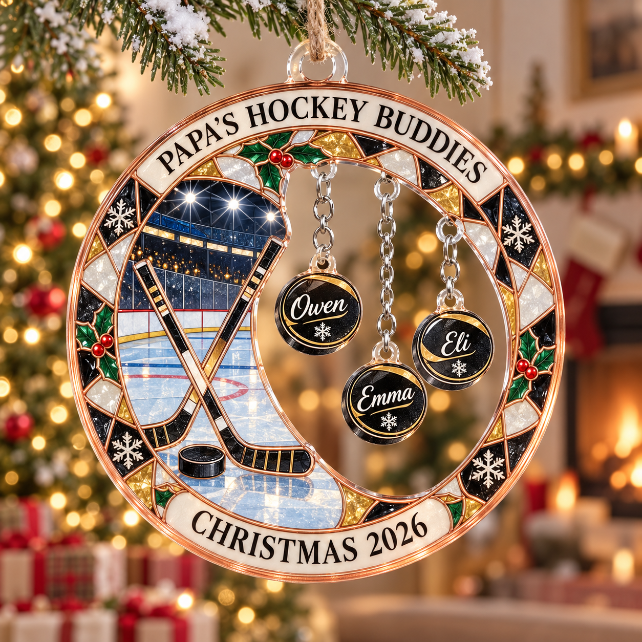 Stained-glass acrylic Christmas ornament with "PAPA'S HOCKEY BUDDIES" and personalised name charms