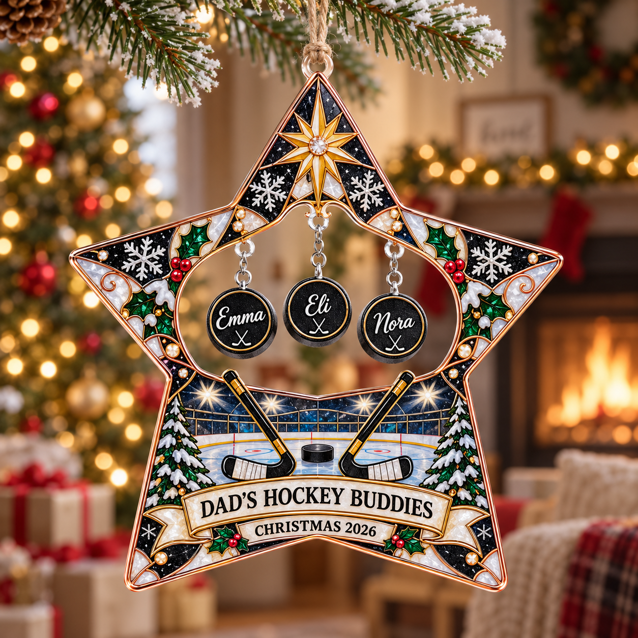 Stained-glass acrylic Christmas ornament with "DAD'S HOCKEY BUDDIES" and personalised name charms