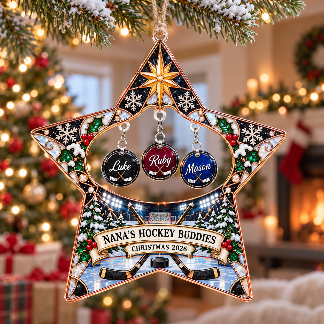 Stained-glass acrylic Christmas ornament with "NANA'S HOCKEY BUDDIES" and personalised name charms