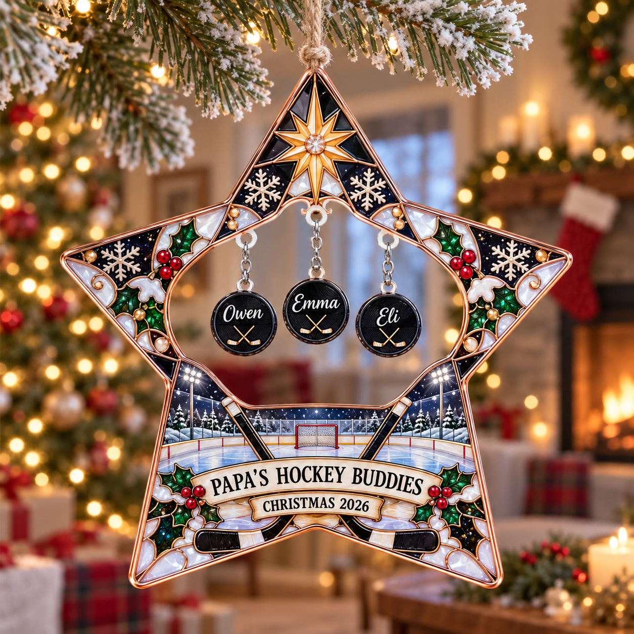 Stained-glass acrylic Christmas ornament with "PAPA'S HOCKEY BUDDIES" and personalised name charms