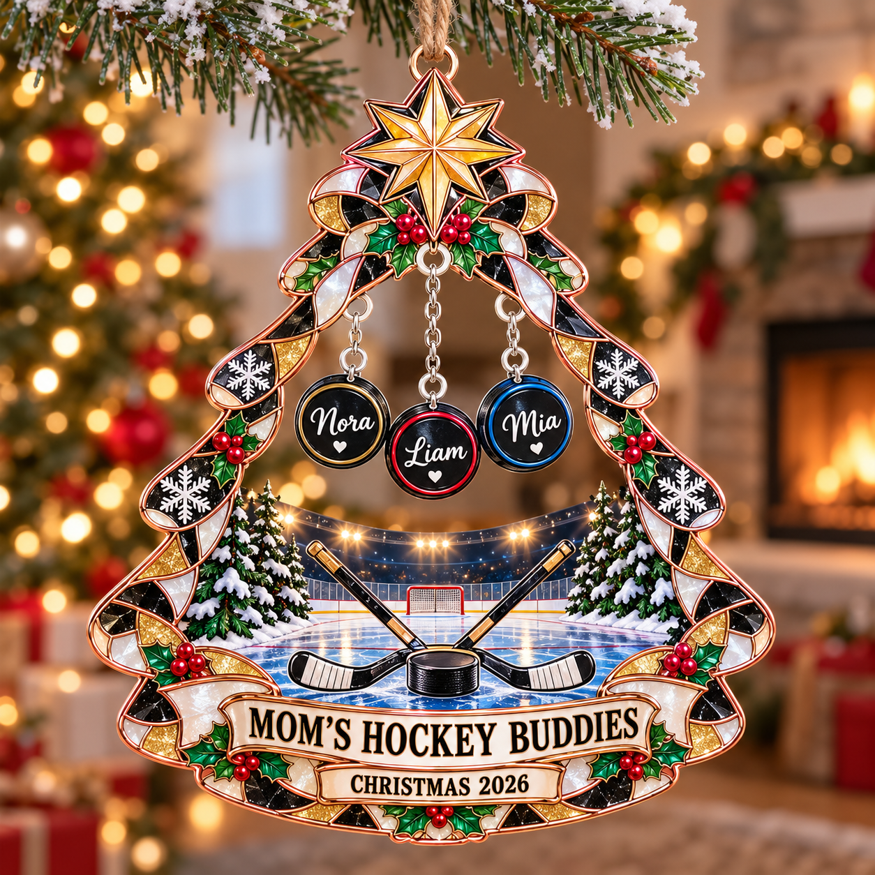 Stained-glass acrylic Christmas ornament with "MOM'S HOCKEY BUDDIES" and personalised name charms