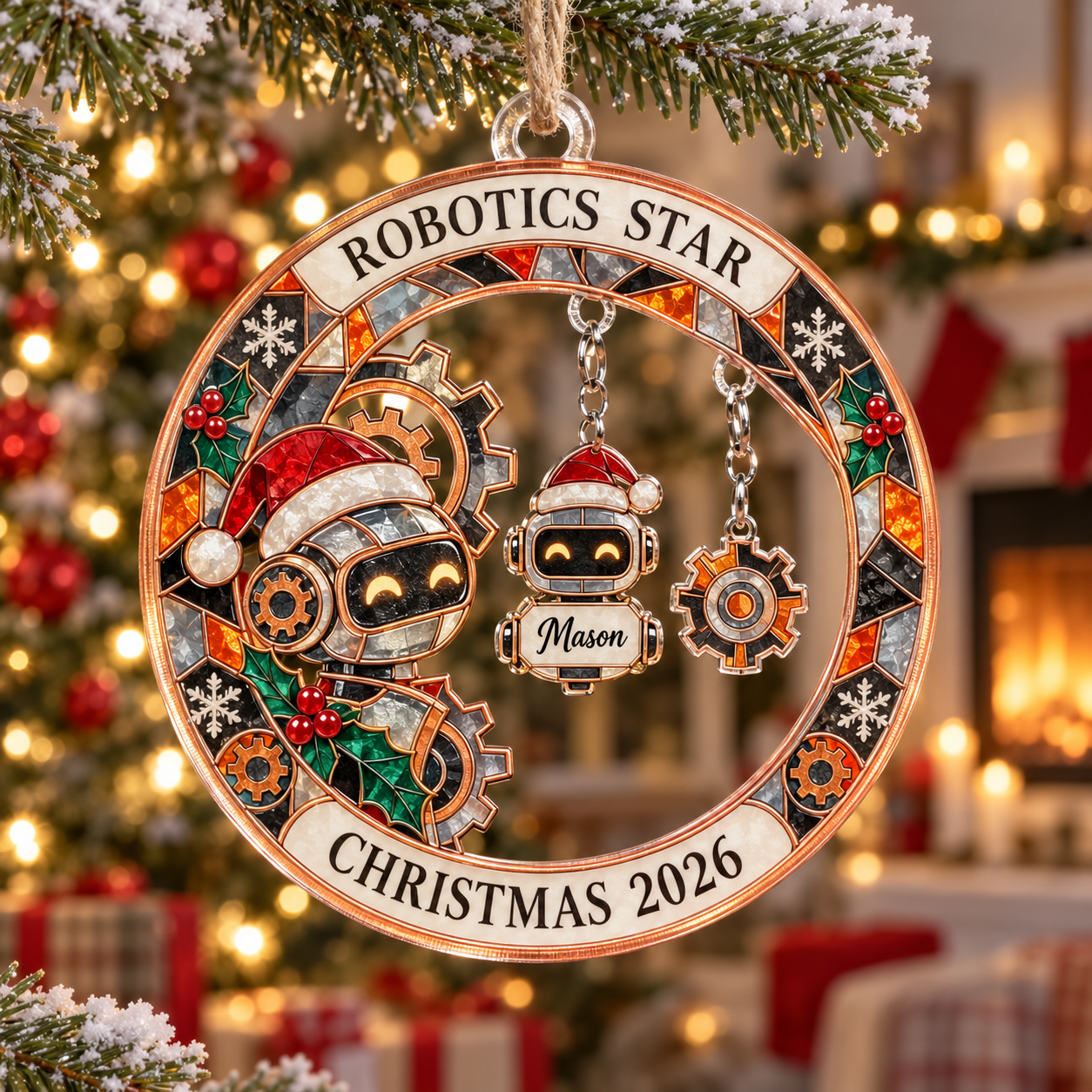 Stained-glass acrylic Christmas ornament with "ROBOTICS STAR" and personalised name charms