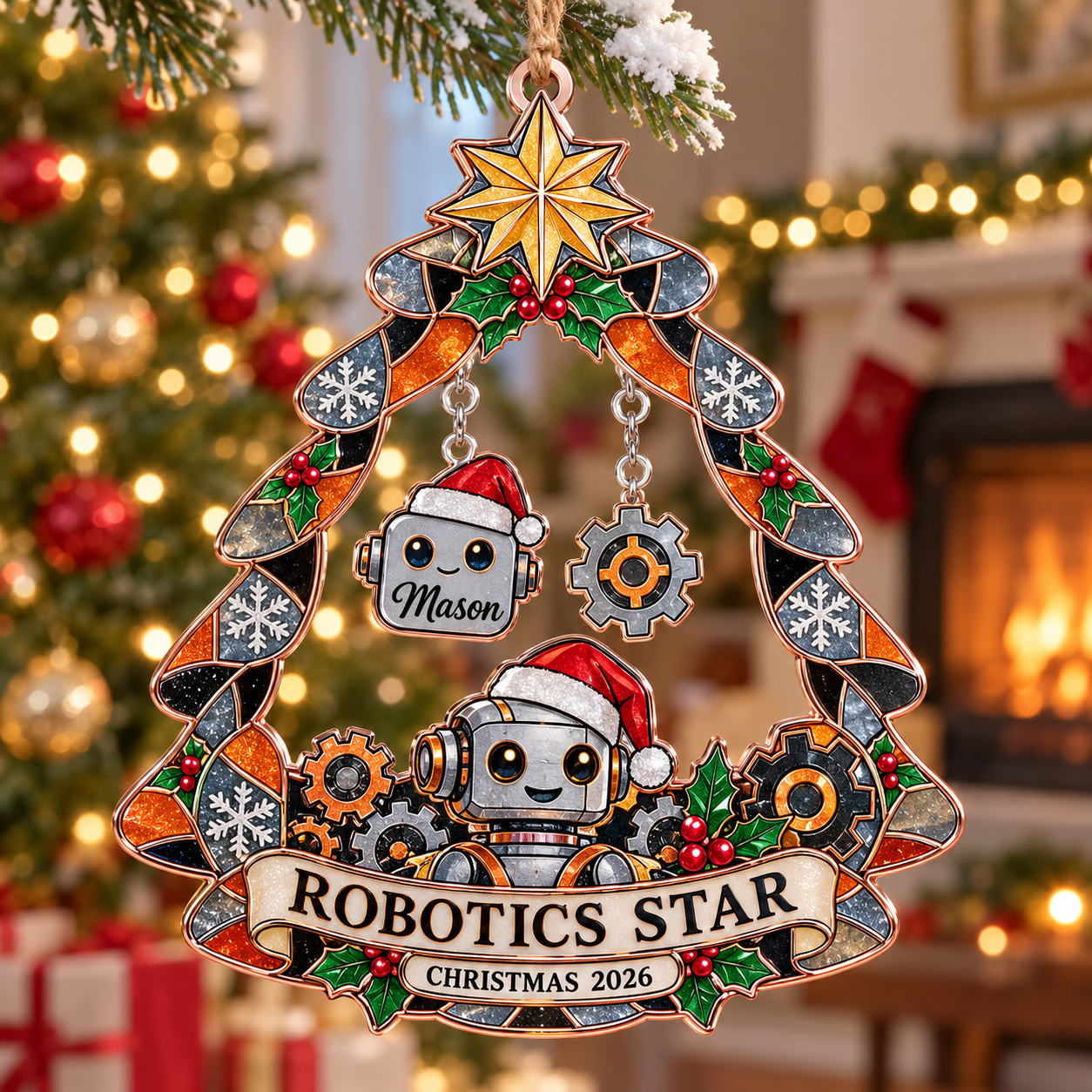 Stained-glass acrylic Christmas ornament with "ROBOTICS STAR" and personalised name charms